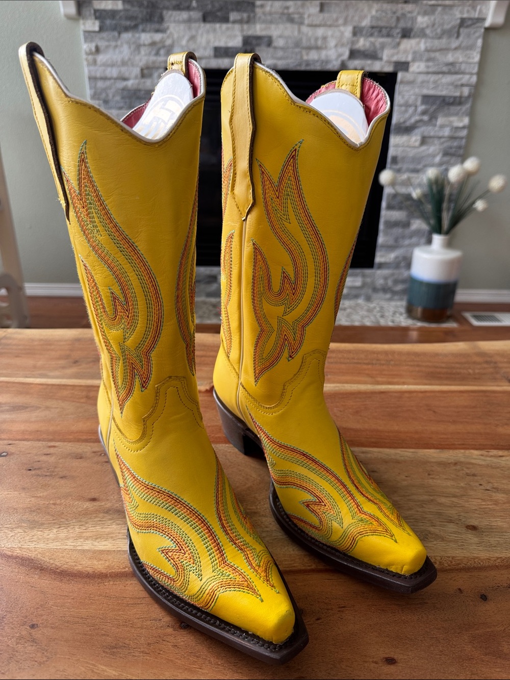Planet cowboy Yellow Women's Cowboy Boots with Embroidered Shaft.